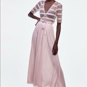 Zara Knit & Lace Wrap Long Dress Women's Size Small Blush Pink Ribbed V-Neck‎